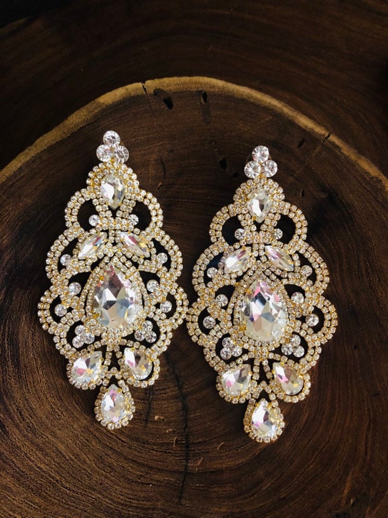 oversized crystal chandelier earrings, huge rhinestone earrings, statement clear crystal earrings, large rhinestone pageant earrings Gold Base Metal