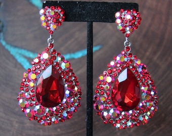 red earrings, red rhinestone earrings, red chunky earrings, red pageant earrings, red and AB prom earrings