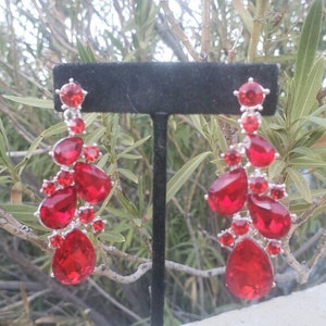 Red prom earrings, red crystal holiday earrings, red evening earrings, red bridal earrings
