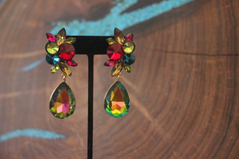 red crystal clip on earrings rhinestone green and gold multi color multi color clip on earrings yellow rhinestone clip on earrings