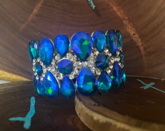 Blue iridescent bracelet, blue green large bracelet, blue rhinestone pageant bracelet, blue chunky bracelet