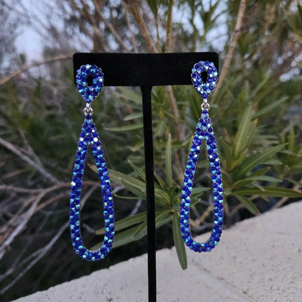 Royal blue and ab earrings, blue ab rhinestone long earrings