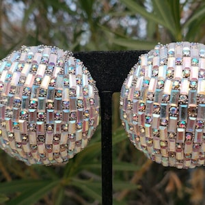 Ab rhinestone large stud earrings, iridescent disco earrings, ab large clip on earrings