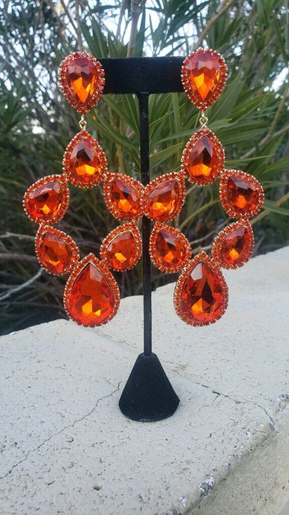 Oversized Orange Earrings Large Orange Crystal Earrings