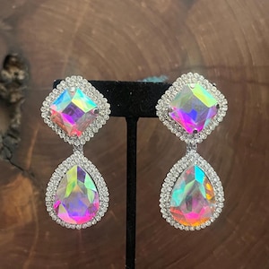 large aurora borealis clip on earrings, ab rhinestone clip on earrings, statement iridescent clip on earrings
