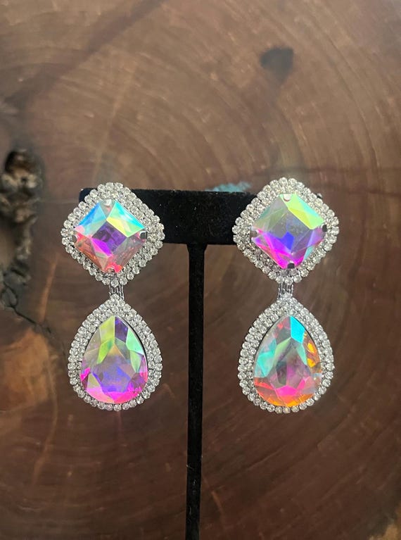Large Aurora Borealis Clip on Earrings, Ab Rhinestone Clip on