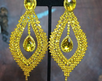 Yellow rhinestone earrings, yellow chandelier earrings, extra large yellow earrings, citrine crystal oversized earrings, yellow pagean
