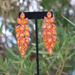 Orange dangle earrings, orange rhinestone earrings, orange pageant earrings, orange stage earrings, orange Halloween earrings imagem 2