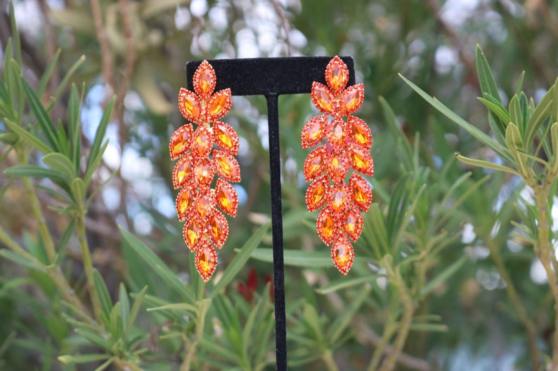 Orange dangle earrings, orange rhinestone earrings, orange pageant earrings, orange stage earrings, orange Halloween earrings imagem 2