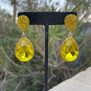 Yellow rhinestone earrings, yellow prom earrings, dangle yellow earrings