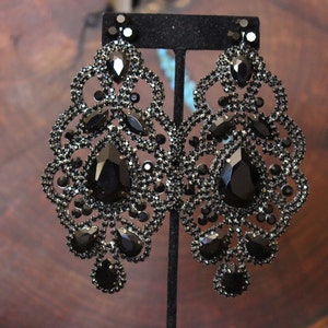 black oversized earrings, black rhinestone earrings, wide black crystal earrings, large black pageant earrings, huge black earrings