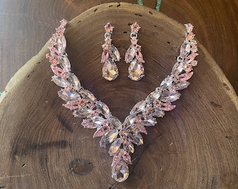 Set di collana e orecchini rosa, set di collana da ballo rosa chiaro, set di collana da damigella d'onore rosa