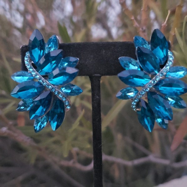 Teal clip on ea, blue zircon clip on earrings