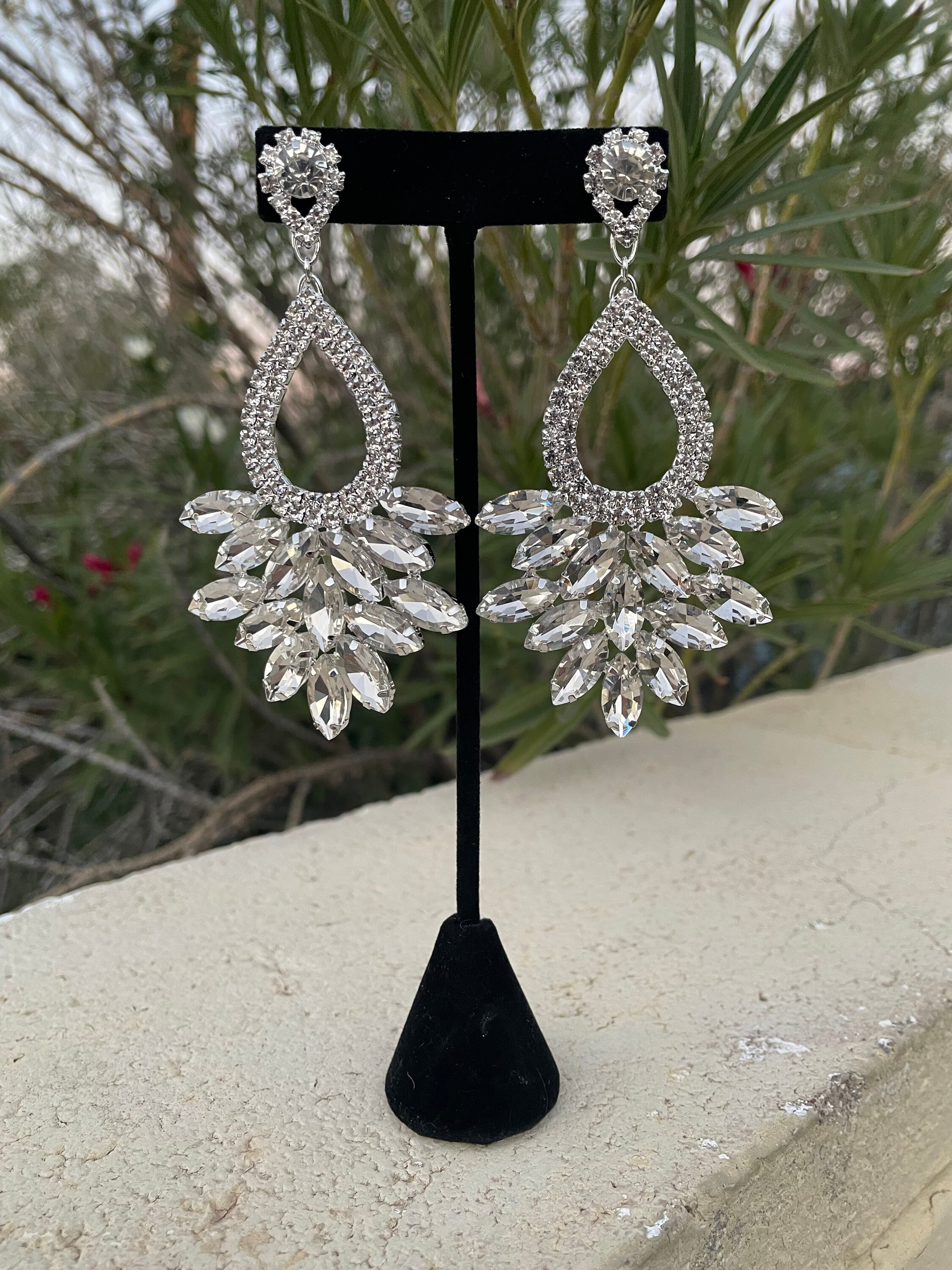 Long Crystal Hoop Earrings, Large Rhinestone Earrings, Clear