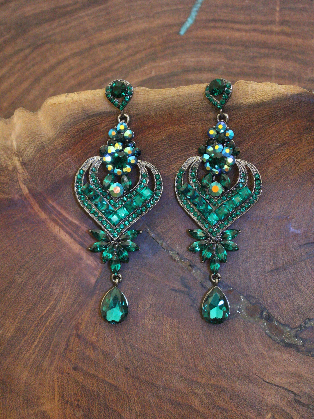 Emerald Green Rhinestone Long Earrings, Emerald Green Pageant ...