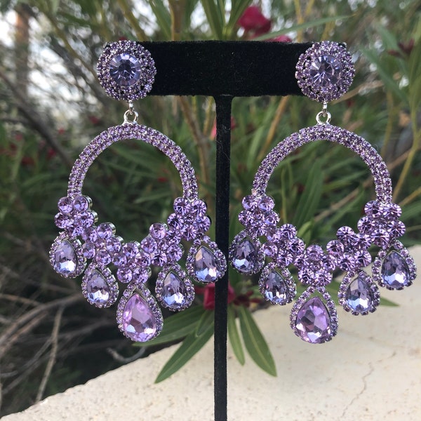 Lighter purple earrings, lavender rhinestone earrings, violet crystal chandelier earrings