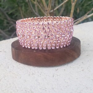 Pink rose gold bracelet, wide pink rhinestone bracelet, pink evening bracelet