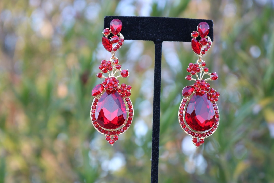 Red Prom Earrings Red Rhinestone Dangle Earrings Red Pageant Earrings Red Bridal Earrings Red Chandelier Earrings Etsy UK