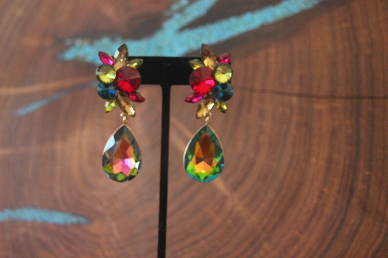 red crystal clip on earrings rhinestone green and gold multi color multi color clip on earrings yellow rhinestone clip on earrings
