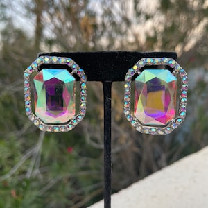 oversized stud iridescent clip on earrings, ab clip on earrings