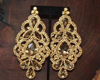 oversized gold earrings, huge gold pageant earrings, extra large gold rhinestone earrings, gold crystal statement earrings