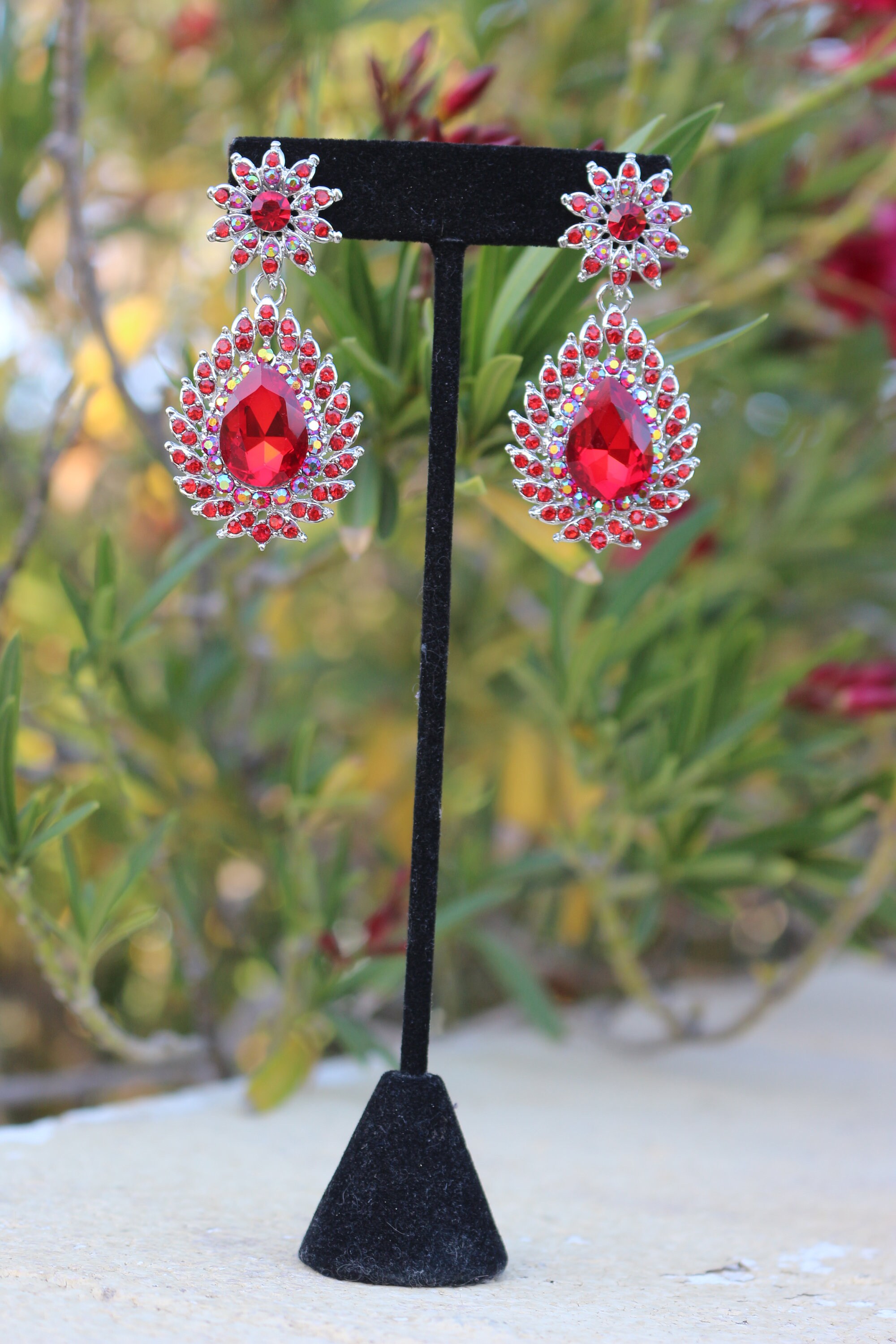 Red clip on earrings red dangle earrings red rhinestone Etsy