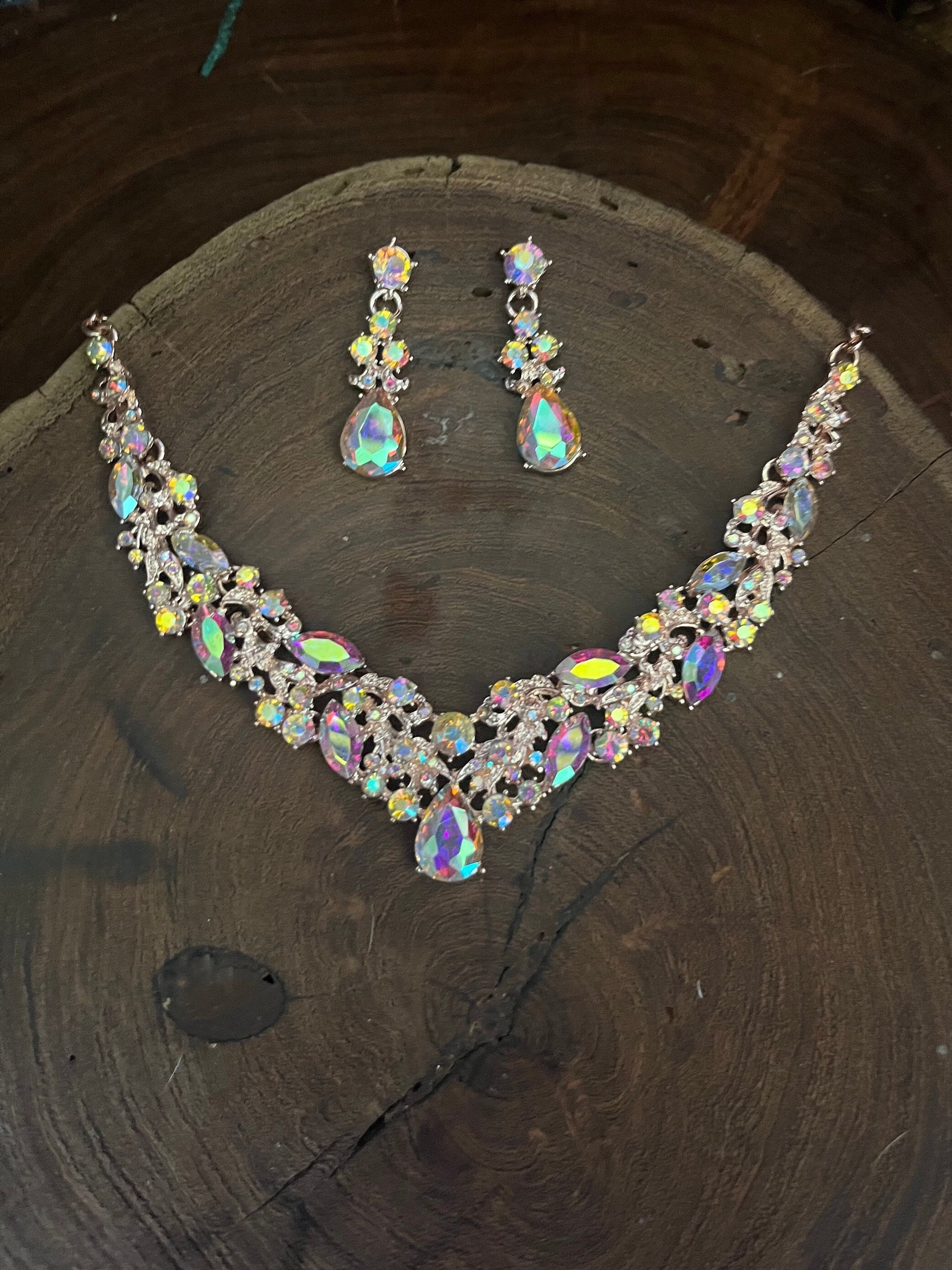 Iridescent Rose Gold Rhinestone Necklace and Earrings Set