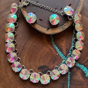 Ab rhinestone necklace and earrings set, iridescent crystal necklace