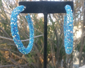 Blue glitter hoops earrings