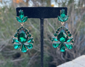Emerald rhinestone earrings, emerald crystal bridal earrings
