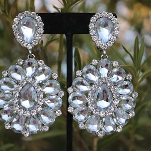 clear rhinestone large clip on earrings, crystal clip on earrings, wide clip on earrings, clear clip earrings, pageant/prom clip on earrings