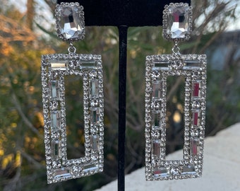 Rectangular crystal rhinestone long hoops, crystal pageant earrings, rhinestone prom statement earrings