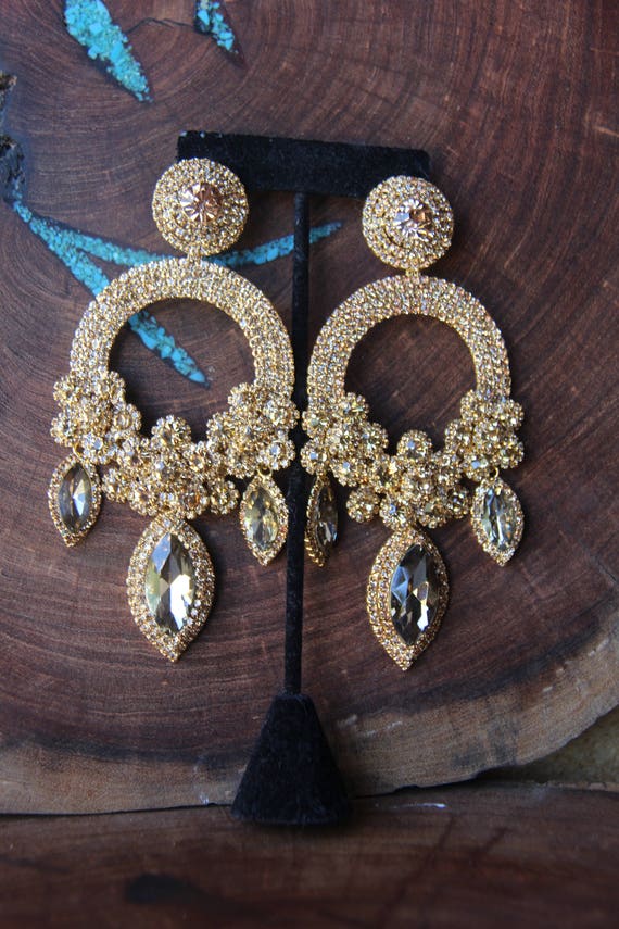 Gold Extra Large Rhinestone Earrings, Gold Huge Pageant Earrings, Gold Oversized Earrings, Stage Earrings, Gold Statement Clip on Earrings