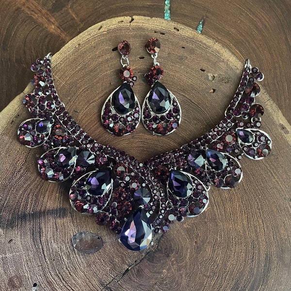 Amethyst purple necklace and earrings set, deep purple rhinestone necklace and earrings set, purple bridal necklace and earrings set