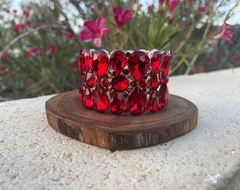 Large red rhinestone bracelet, wide red crystal bracelet