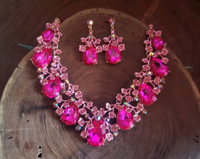 Fuchsia Necklace and Earrings Set, Hot Pink Prom Necklace Set, Fuchsia and Ab Rhinestone