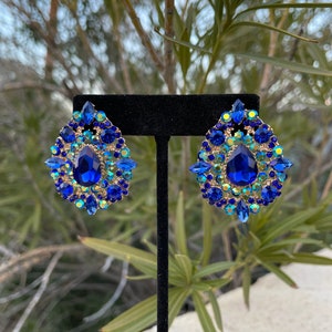 Blue ab extra large stud earrings, oversized blue stud earrings, cobalt ab large studs