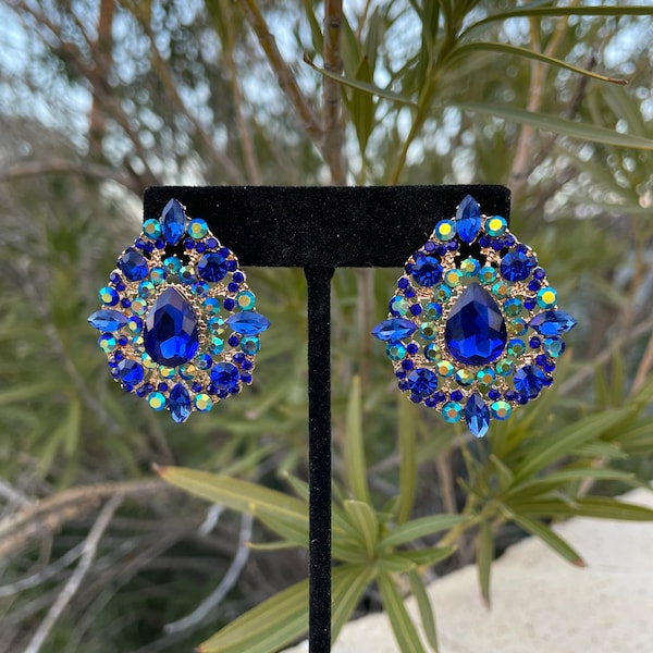 Blue ab extra large stud earrings, oversized blue stud earrings, cobalt ab large studs