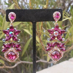 Fuchsia ab rhinestone earrings, fuchsia pageant earrings, hot pink earrings, fuchsia prom earrings