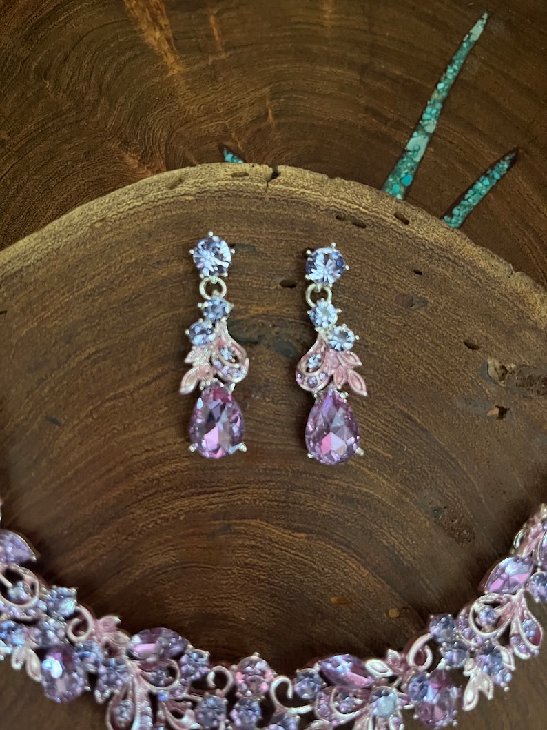 Lilac rhinestone earrings and necklace set, lavender bridesmaid necklace set image 3