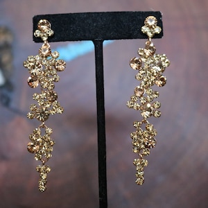 gold dangle earrings, gold prom earrings, gold bridal earrings, statement gold rhinestone earrings, gold dangle pageant earrings