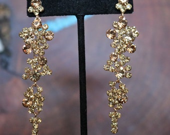 gold dangle earrings, gold prom earrings, gold bridal earrings, statement gold rhinestone earrings, gold dangle pageant earrings