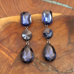 navy blue long earrings, navy rhinestone earrings, navy crystal pageant earrings, dark blue prom earrings, navy blue clip on earrings