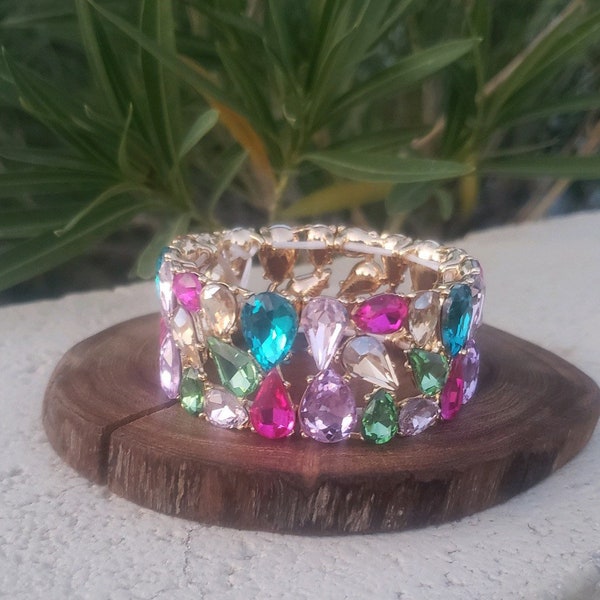 Pastel multi color rhinestone bracelet, colorful prom bracelet, multi color rhinestone dance bracelet