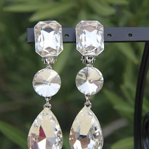 large clear crystal clip on earrings, clip pageant/prom or bridal, large blue clip on earrings, long red rhinestone clip on, black clip on