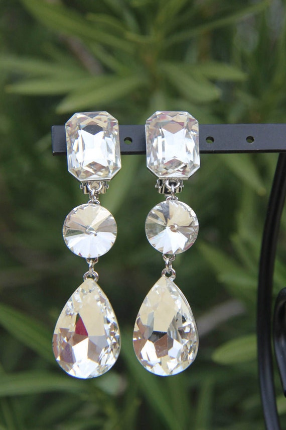 Large Clear Crystal Clip on Earrings, Clip Pageant/prom or Bridal