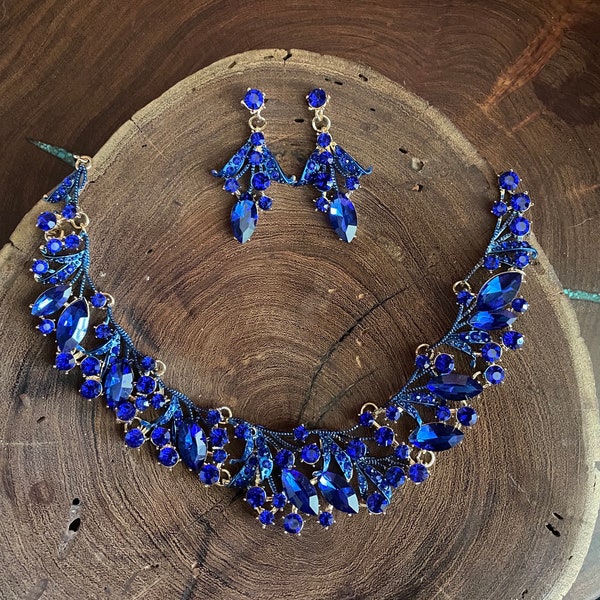 Blue necklace and earrings set, blue bridal necklace and earrings, royal blue necklace set, deep blue statement necklace, cobalt necklace