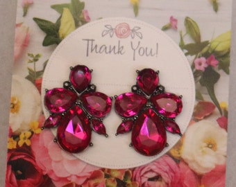 fuchsia stud earrings, fuchsia little girl earrings, fuchsia rhinestone stud earrings, hot pink prom earrings, hot pink flower girl earrings