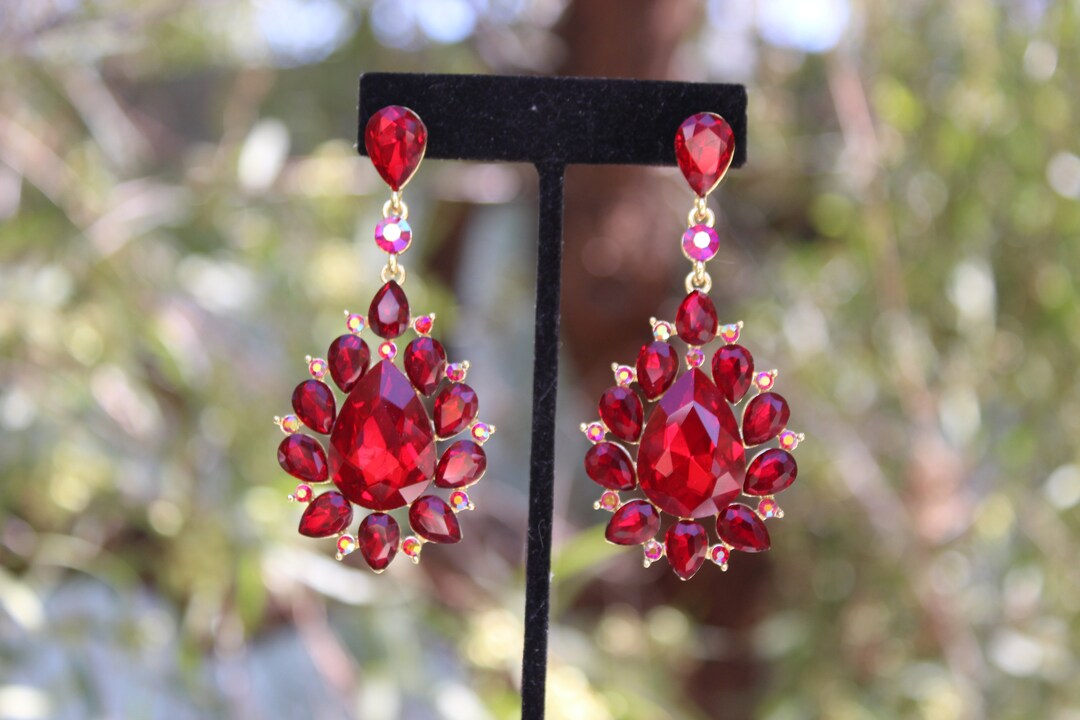 Red Clip on Earrings Red Prom Earrings Red and Ab Rhinestone Etsy