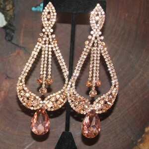 Rose Gold Chandelier Earrings, rose gold large crystal earrings, rose gold rhinestone pageant earrings, rose gold extra long clip on earring image 3